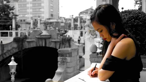 Beautiful-model-writing-notes-in-journal,-before-classical-architecture-background