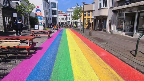 Walking-on-Rainbow-Street-in-Downtown-Reykjavík-Iceland-on-Sunny-Day,-Shops-and-People-on-Sidewalk