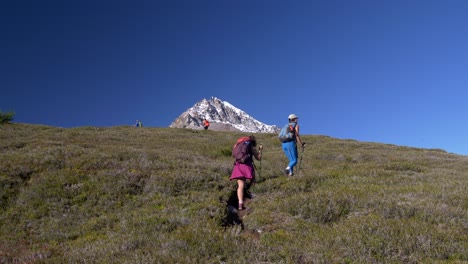 Hikers-With-Hiking-Poles-Climbing-On-The-Hills-With-Mountain-Peak-On-The-Top