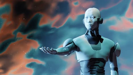 Robot-Cyborg-Humanoide-Mostrando-Su-Mano-Abierta-Palma-Vacía-Con-Fondo-De-Textura-Líquida-En-Animación-De-Renderizado-3d