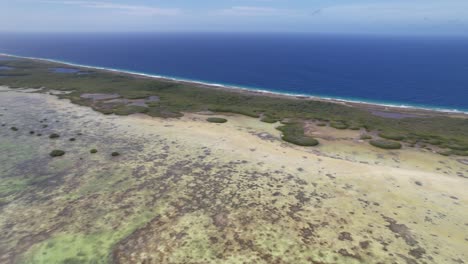 Aerial-shot-of-Los-Roques'-southern-barrier-over-a-coastal-wetland,-vibrant-blue-ocean