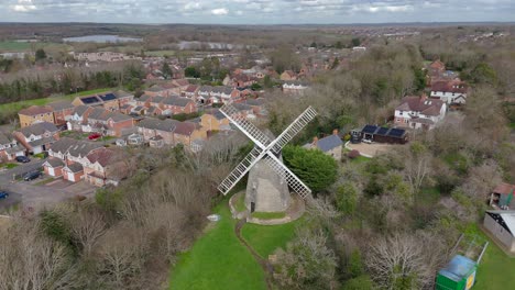 An-aerial-view-of-Bradwell-windmill-in-Milton-Keynes-on-a-cloudy-day,-Buckinghamshire,-England,-UK