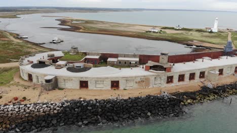 Aerial-View-Of-Hurst-Castle-artillery-fort-with-Lighthouse-In-Background