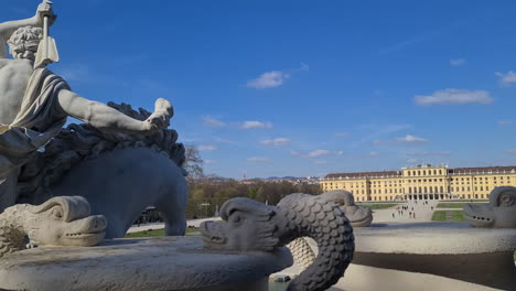 Vienna,-Austria,-Neptune-Fountain-in-Front-of-Schönbrunn-Palace-on-Sunny-Day,-Panorama