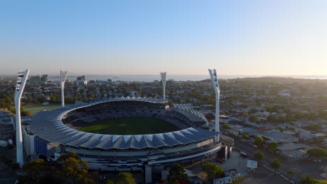 AERIAL-Early-Morning-Sun-Shinning-Over-Geelong-Australia's-Kardinia-Park