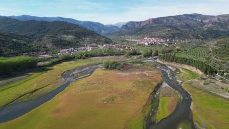 Water-Reservoir,-River-and-Green-Nature-Landscape-in-Lleida,-Catalonia,-Spain---Aerial-4k