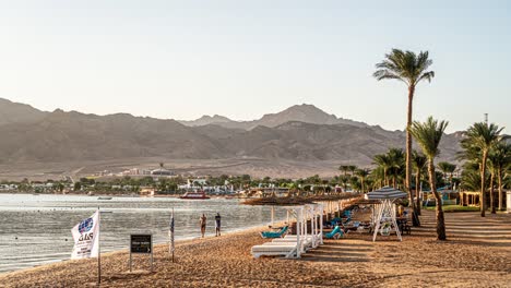 Escena-De-Playa-Con-Tumbonas,-Sombrillas-De-Colores-Y-Palmeras-Meciéndose-Con-La-Brisa,-Con-Un-Telón-De-Fondo-De-Exuberantes-Montañas-Verdes