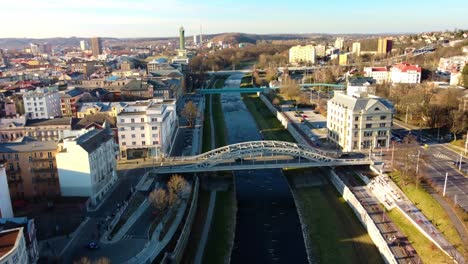 Above-View-Of-Milos-Sykora-Bridge-Over-Ostravice-River-in-Ostrava,-Czech-Republic