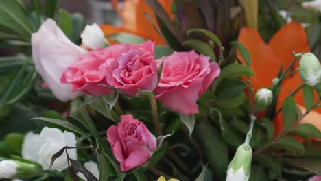 Bouquet-of-pink-roses-with-green-leaves-surrounded-by-white-and-orange-flowers