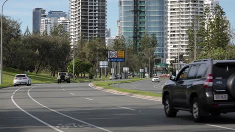 View-of-traffic-traveling-along-Seaworld-Drive-towards-Surfers-Paradise