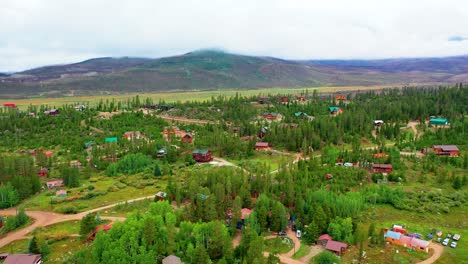 Mountain-Village-Surrounded-by-Pine-Tree-Forest-and-Rolling-Hills-in-the-Rocky-Mountains-on-a-Cloudy-Summer-Day