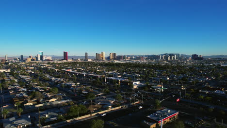 Las-Vegas-USA-Cityscape-Skyline-on-Golden-Hour-Sunlight,-Drone-Shot