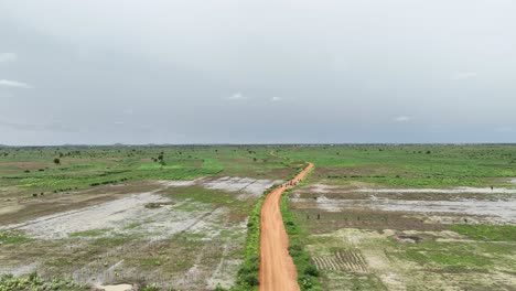 Aerial-forward-shot-of-group-of-people-walking-on-dirt-road-near-flooded-farms