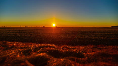 Atardecer-Dorado-Al-Atardecer-A-Través-De-Campos-De-Cultivo---Lapso-De-Tiempo-Del-Anochecer