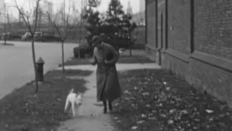 Lively-Dog-Walks-Along-Neighborhood-Street-with-Owner-in-the-1930s