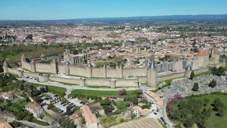 Carcassonne-Fortified-City-Walls-and-Medieval-Castle-in-France---Aerial-4k