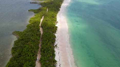 Vista-Aérea-De-La-Laguna-Y-El-Océano-Divididos-Por-La-Selva