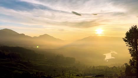 Luftaufnahme-Einer-Drohne-Während-Der-Goldenen-Stunde-Bei-Klarem-Himmel,-Wo-Ein-Großer-Fluss-Von-Großen-Bäumen-Und-Großen-Bergen-Umgeben-Ist,-Auf-Denen-Auch-Viele-Kleine-Bäume-Stehen