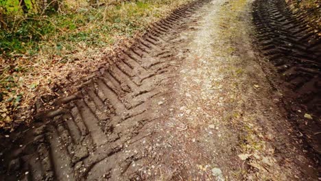 Traces-of-tractor-wheels-on-muddy-path-in-autumn-forest