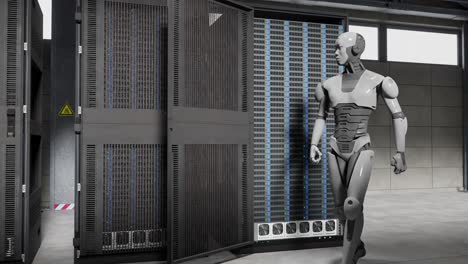 Cyborg-Humanoid-Im-Server-Internet-Hightech-Raum,-Konzept-Der-Geburt,-Künstliche-Intelligenz-übernimmt-In-3D-Rendering-Animation-Die-Kontrolle-über-Cybersicherheit-In-Zeitlupe