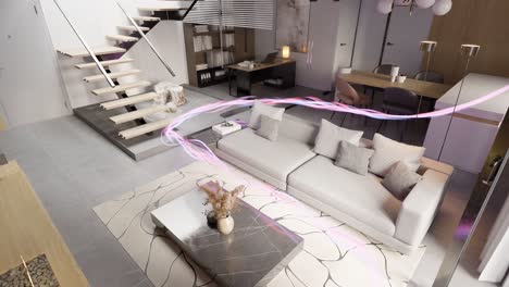 Modernes-Wohnzimmer-Loft-Apartment-Mit-Energiefluss,-3D-Rendering-Animation,-Innenarchitektur-Konzept