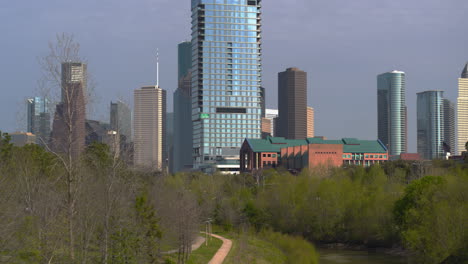 Drone-view-of-the-Buffalo-Bayou-and-the-downtown-Houston-area