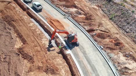 Yarrawonga,-Victoria,-Australia---18-March-2018:-Aerial-view-of-earthmoving-equipment-on-a-developing-residential-area-in-Yarrawonga-Victoria-Australia