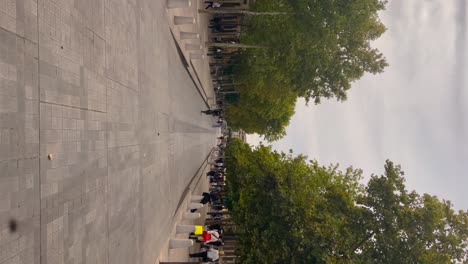 Tree-lined-promenade-in-Aix-en-Provence-crowded-with-people-under-cloudy-sky,-vertical-shot