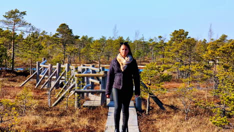 Woman-gracefully-walks-wooden-bog-trail-amid-national-park,-enjoying-quietude