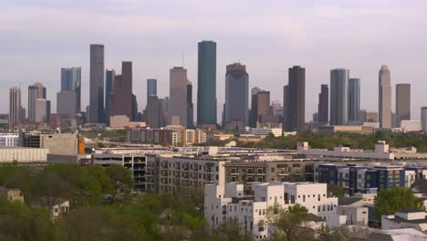 Going-forward-drone-shot-of-downtown-Houston,-Texas