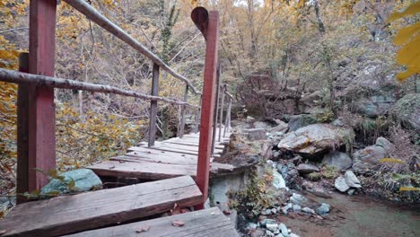 Rustic-wooden-bridge-over-a-rocky-creek-in-a-serene-autumn-forest,-leaves-scattered-around