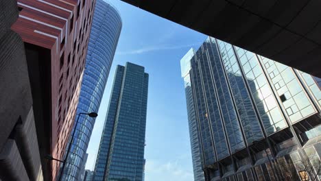 Low-angle-pov-of-La-Defense-skyscrapers,-Paris