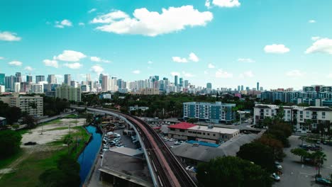 Rising-aerial-with-Miami-Skyline-and-Train-on-Elevated-Tracks