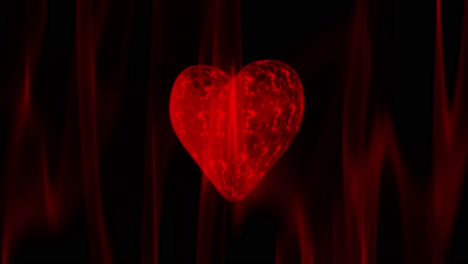 3d-Rojo-Carmesí-Lava-Incandescente-Corazón-Brillante-Girando-En-Bucle-Sobre-Fondo-Con-Llamas-Ardientes