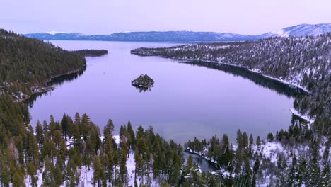 Aerial-view-of-Emerald-Bay,-Lake-Tahoe-in-Winter,-California