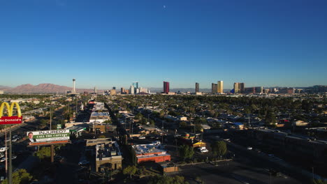 Las-Vegas-USA-Cityscape-Skyline,-Drone-Shot-of-Downtown-Buildings-From-West-Side