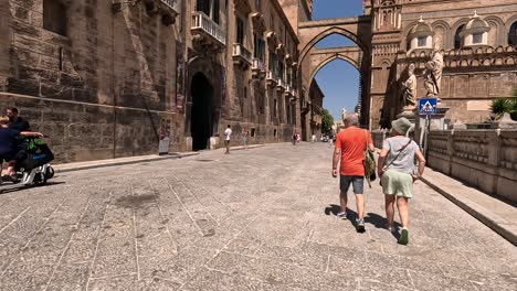 Tourists-Walking-near-the-Cathedral-of-Palermo-in-Sicily