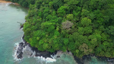 Vista-Aérea-Desde-La-Costa-Y-El-Lujoso-Bosque-En-Prince-Island,-África