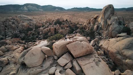 Un-Hombre-Parado-Sobre-Una-Formación-Rocosa-Escarpada-Mientras-Un-Dron-Orbita-A-Su-Alrededor-En-Medio-Del-Parque-Nacional-Joshua-Tree