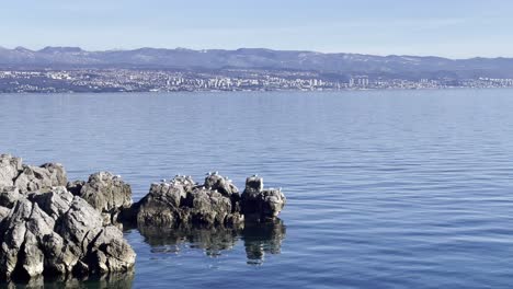 Möwen-Ruhen-Auf-Felsbrocken-Am-Meeresufer-Mit-Stadt-In-Der-Ferne,-Opatija,-Kroatien