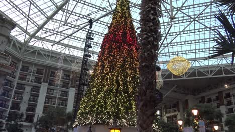 Giant-christmas-tree-with-thousands-of-holiday-lights-in-glass-roof-mall-with-stage-lights-on-truss-standing-nearby