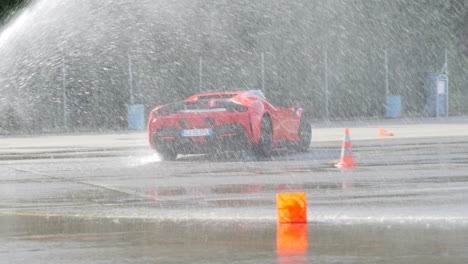 Close-up-tracking-shot-of-Ferrari-Stradale-testing-on-motorsport-track