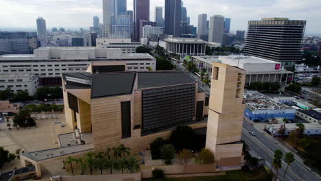 Los-Angeles-CA-USA,-Drone-Shot,-Cathedral-of-Our-Lady-of-the-Angels,-Downtown-Buildings-and-Traffic