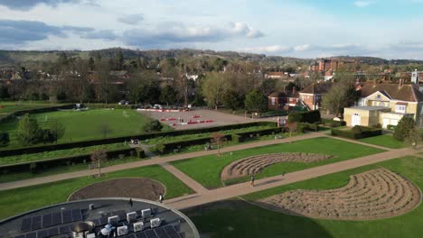 Suburban-Scenery-at-Reigate-Priory-Park,-Overhead-Sunny-Day-View