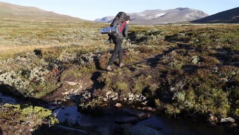 Solo-male-backpacker-hiking-in-autumnal-Scandinavian-tundra-landscape-wearing-a-large-backpack