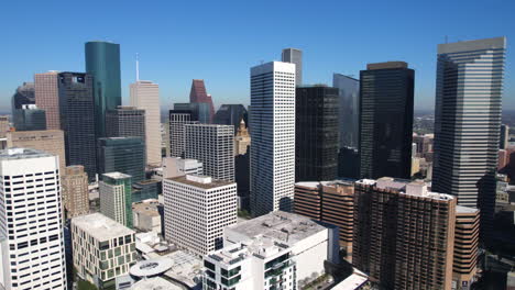 Houston-TX-Downtown-Skyscrapers,-Aerial-View-of-Financial-District-Towers,-Drone-Shot