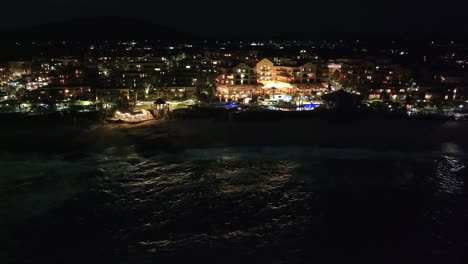 Aerial-Night-View-of-Hacienda-del-Mar-Resort-Hotel-in-Cabo-San-Lucas,-Mexico,-Drone-Shot