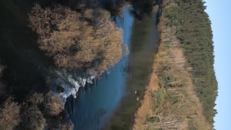 Der-Ruhige-Fluss-Tâmega-Fließt-Durch-Den-Wald-–-Vertikales-Luftbildvideo