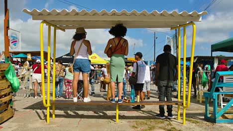 Vista-Trasera-De-Mujeres-Influyentes-Paradas-En-Un-Banco-De-Sombra-Viendo-El-Desfile-De-Carnaval