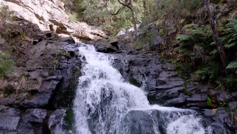 Rising-close-up-view-of-Forth-Falls-waterfall-in-Wilmot,-Tasmania,-Australia